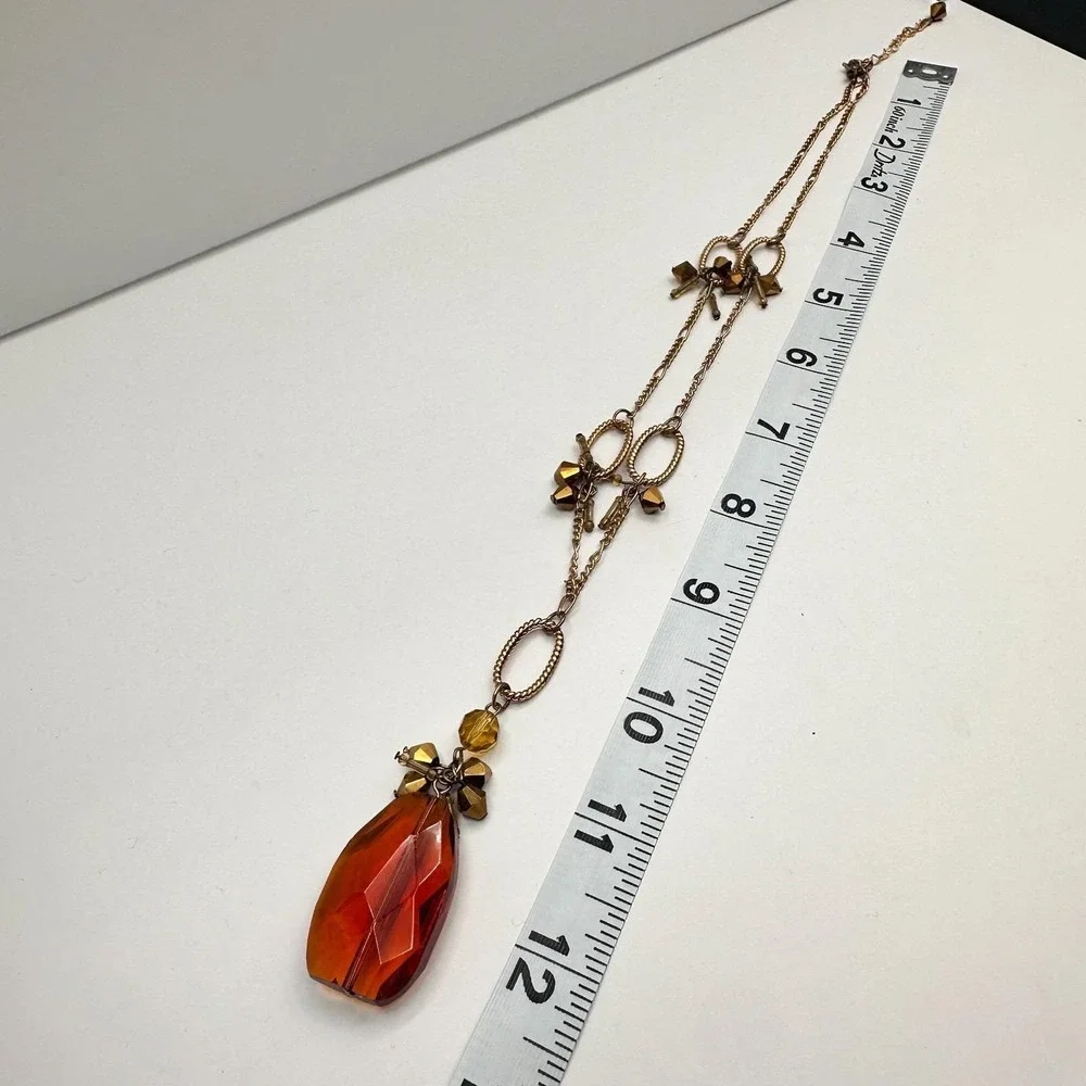 Vintage 90s Amber Citrine Glass Pendant Necklace Gold Tone Beaded Boho Statement